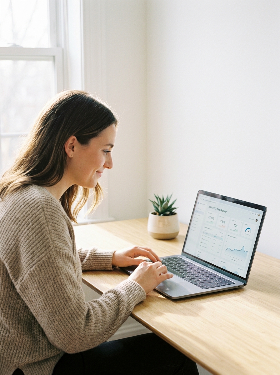 Woman studying GoStudio results at her desk