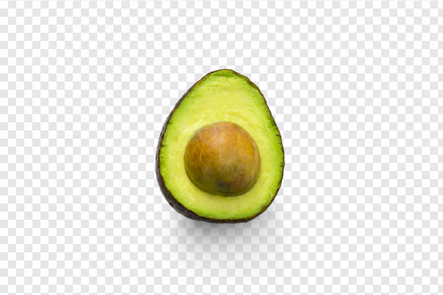 An avocado cut out on a transparent checkerboard background