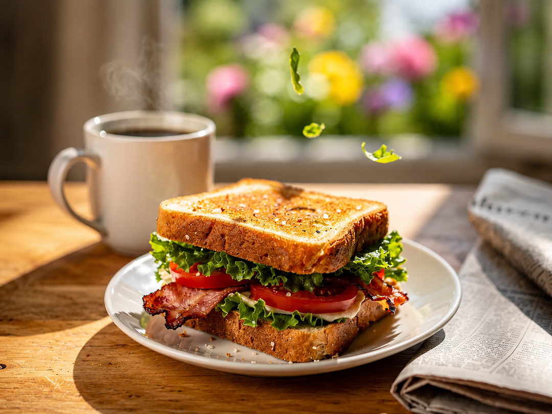 The image shows a plate with a sandwich and a cup of coffee on it, placed on a table with a newspaper beside it. The background is slightly blurred, giving the image a dreamy feel.