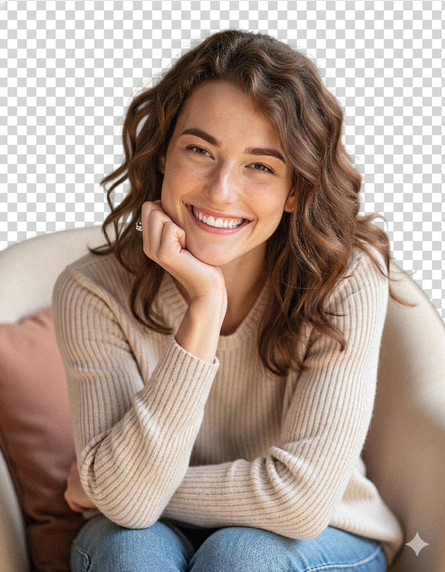 The same woman cut out on a transparent background after AI background removal, curly hair edges intact The same woman cut out on a transparent background after AI background removal, curly hair edges intact