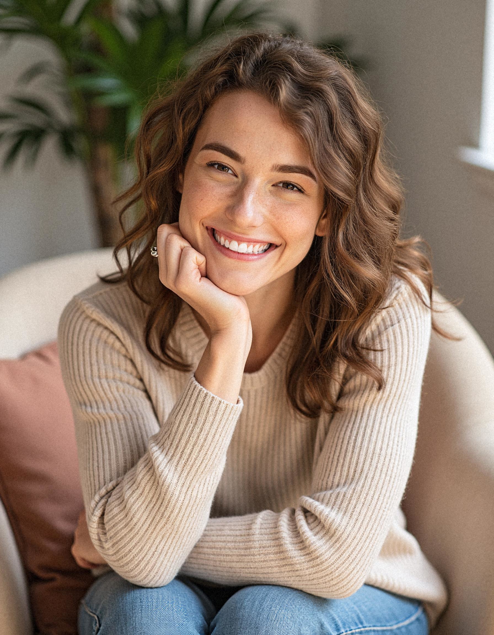 A woman sitting on a sofa in a living room before AI background removal A woman sitting on a sofa in a living room before AI background removal