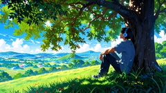 Man sitting under a tree with headphones on, surrounded by lush green grass, vibrant flowers, tall trees — sample image to creatively upscale