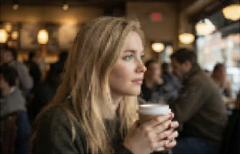 Woman sitting at a table with a cup of coffee in her hand — sample image to enhance