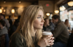 Woman sitting at a table with a cup of coffee in her hand — sample image to upscale