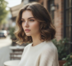 Woman in a white sweater sitting on a bench in front of a building with a window, surrounded by plants, a tree — sample image to upscale
