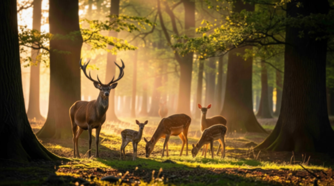 Herd of deer standing in the middle of a forest, surrounded by lush green grass and tall trees — before AI upscaling