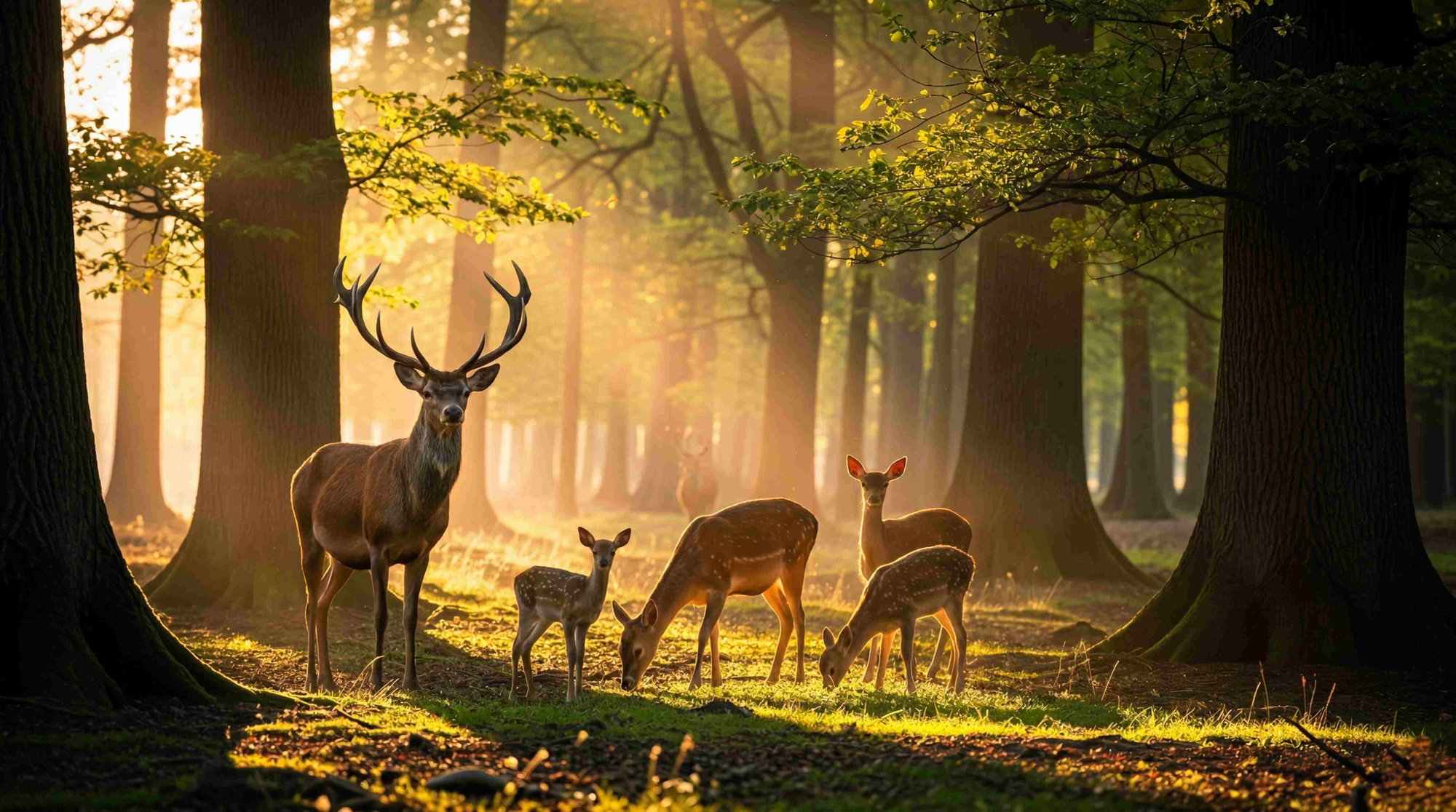 Herd of deer standing in the middle of a forest, surrounded by lush green grass and tall trees — after AI upscaling