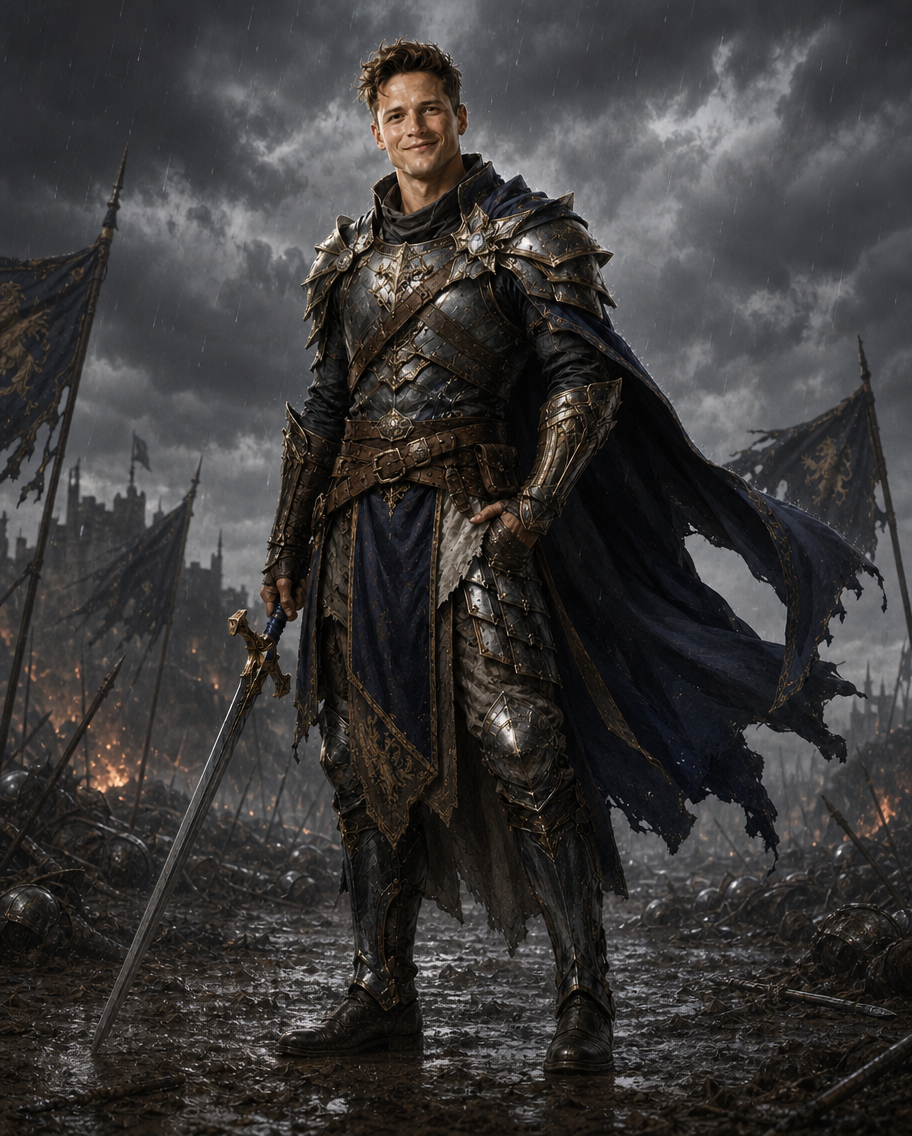 AI-generated image edited inside GoStudio — background changed to stormy battlefield