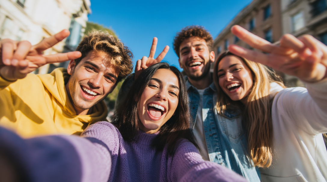 Group of four friends taking a selfie with their hands up in the air — after AI enhancement