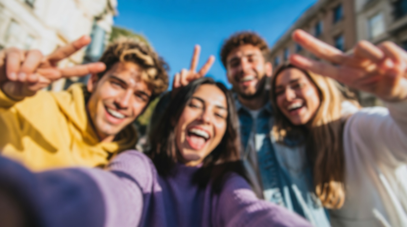 Group of four young people smiling and taking a selfie in front of a building — before AI enhancement