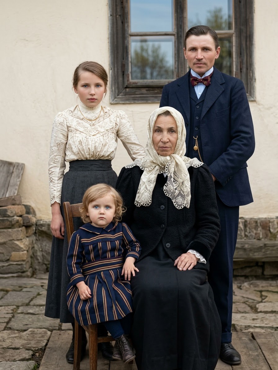 Old damaged family photo fully restored and colourised — GoStudio AI