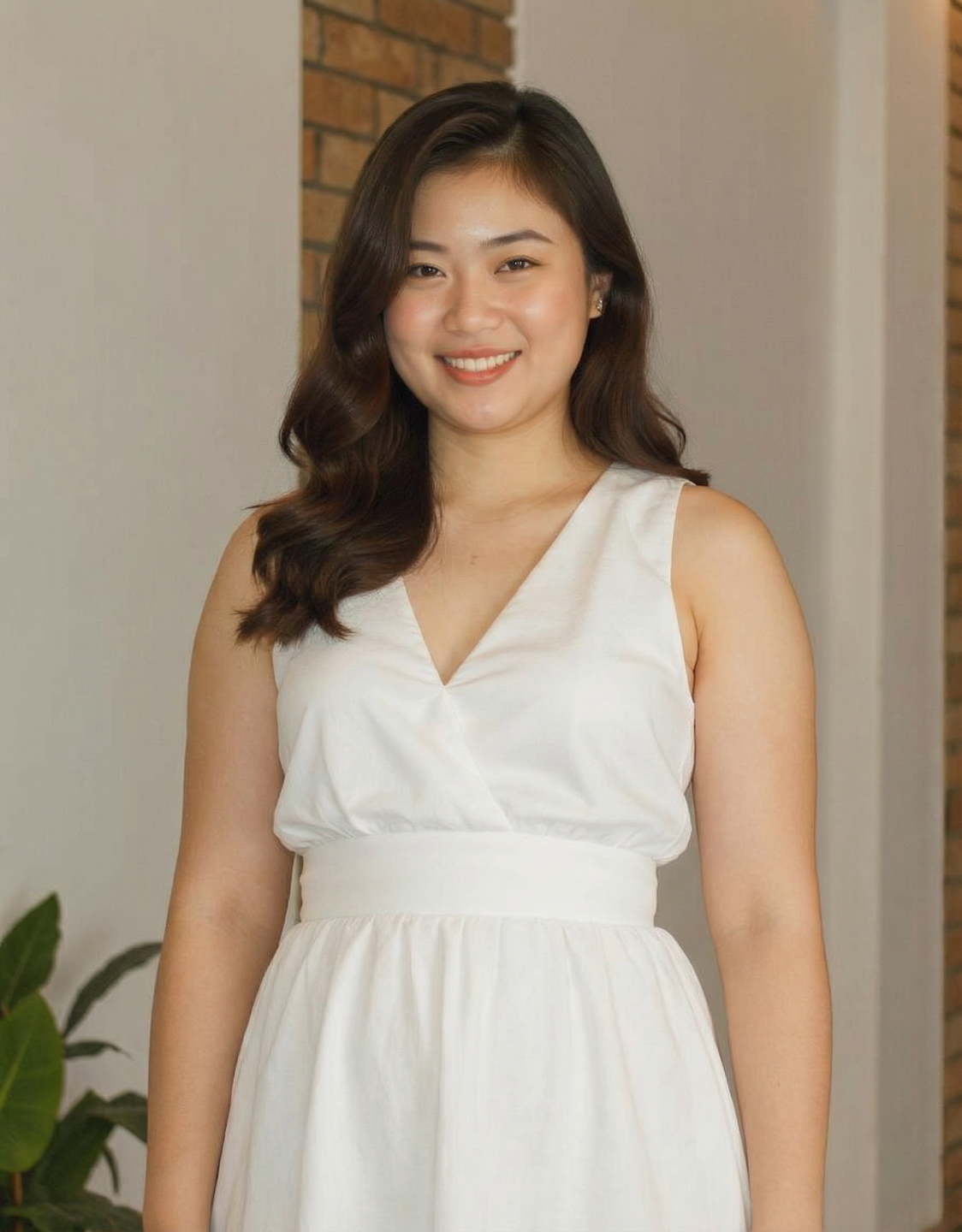 The same woman in a white dress by a brick wall after AI weight shift — body simulated at a different weight level. The same woman in a white dress by a brick wall after AI weight shift — body simulated at a different weight level.