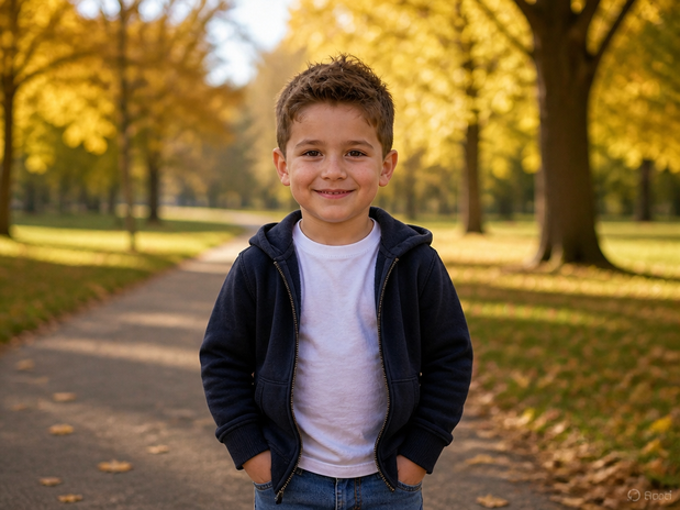 A young boy smiling in an autumn park before AI age progression