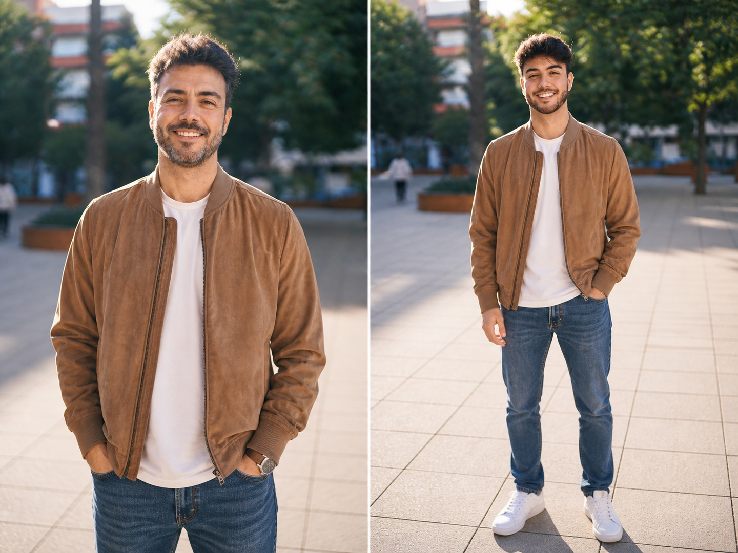 A smiling man in a brown jacket on a sidewalk — an AI age progression result that still reads as the same person. A smiling man in a brown jacket on a sidewalk — an AI age progression result that still reads as the same person.