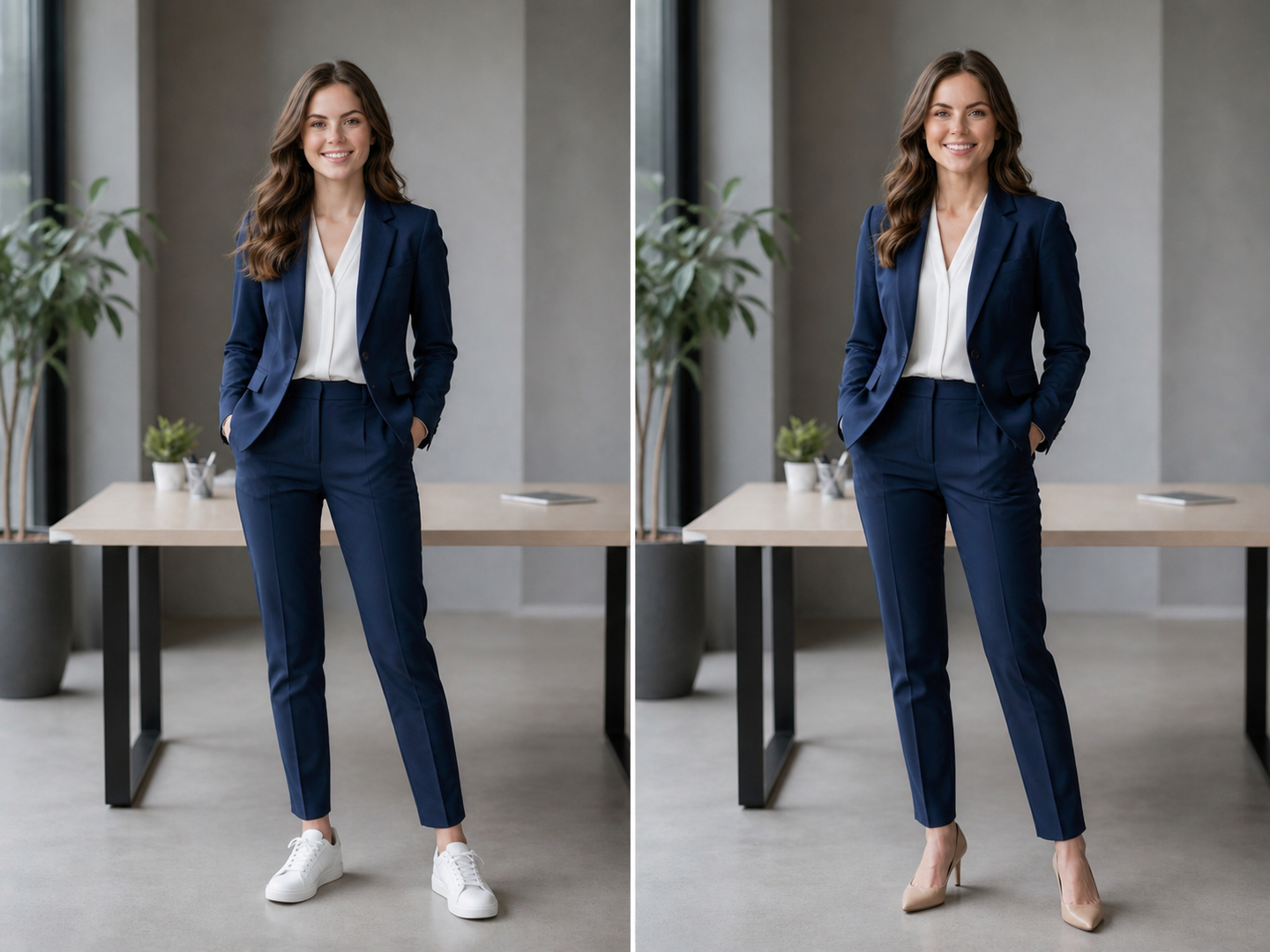 A confident woman in a blue suit by a table — an AI age progression result showing any target age can be chosen. A confident woman in a blue suit by a table — an AI age progression result showing any target age can be chosen.
