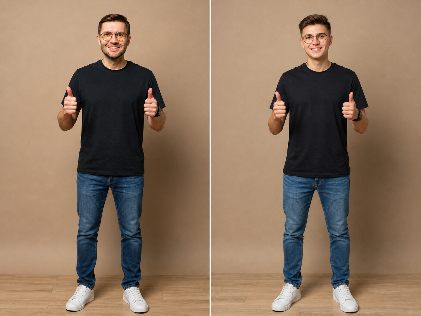 A smiling man in a black t-shirt giving a thumbs up — AI age progression rendered naturally across skin tones. A smiling man in a black t-shirt giving a thumbs up — AI age progression rendered naturally across skin tones.