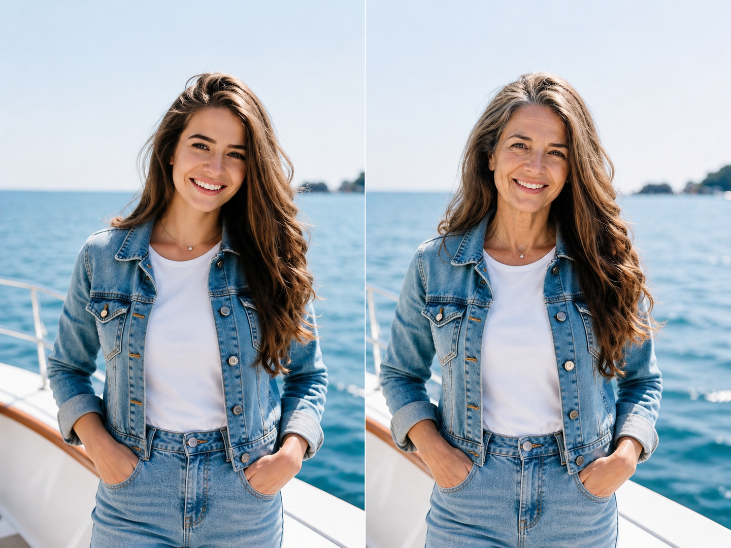 A smiling woman in a denim jacket on a boat by the ocean — a fast Future Me AI age progression result for social. A smiling woman in a denim jacket on a boat by the ocean — a fast Future Me AI age progression result for social.