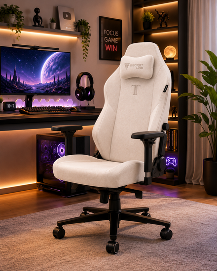A white gaming chair at a computer desk with a monitor, keyboard, mouse, and headset, with a carpet, plant, and shelves of books, and a photo frame and board on the wall.