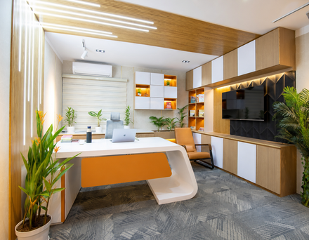 A left-corner angle of a modern office, showing a large desk with a laptop, bottles, and a chair. House plants flank the desk, with a TV on the wall and an air conditioner in the background.