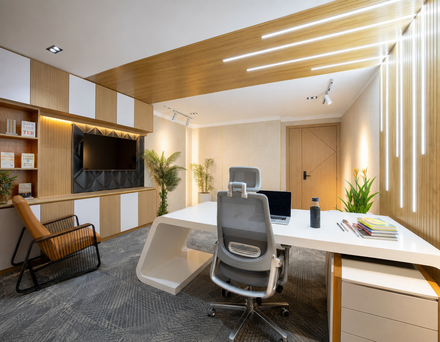 A rear-angle view of a modern office with a desk, chair, and TV, featuring a laptop, books, and plants, generated from one photo.