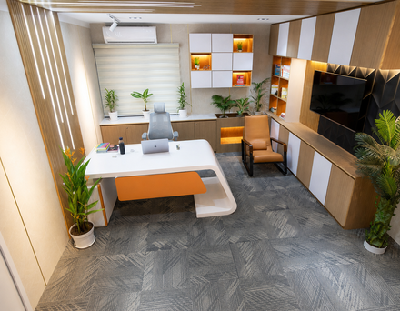 Aerial view of a modern office with a white desk, orange chairs, houseplants, and a television, generated from a single photo.