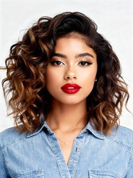 A woman in a denim shirt with short wavy hair on a white background — a sample portrait to try the AI weight shift.