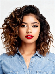 A woman in a denim shirt with short wavy hair on a white background — a sample portrait to try the AI weight shift.