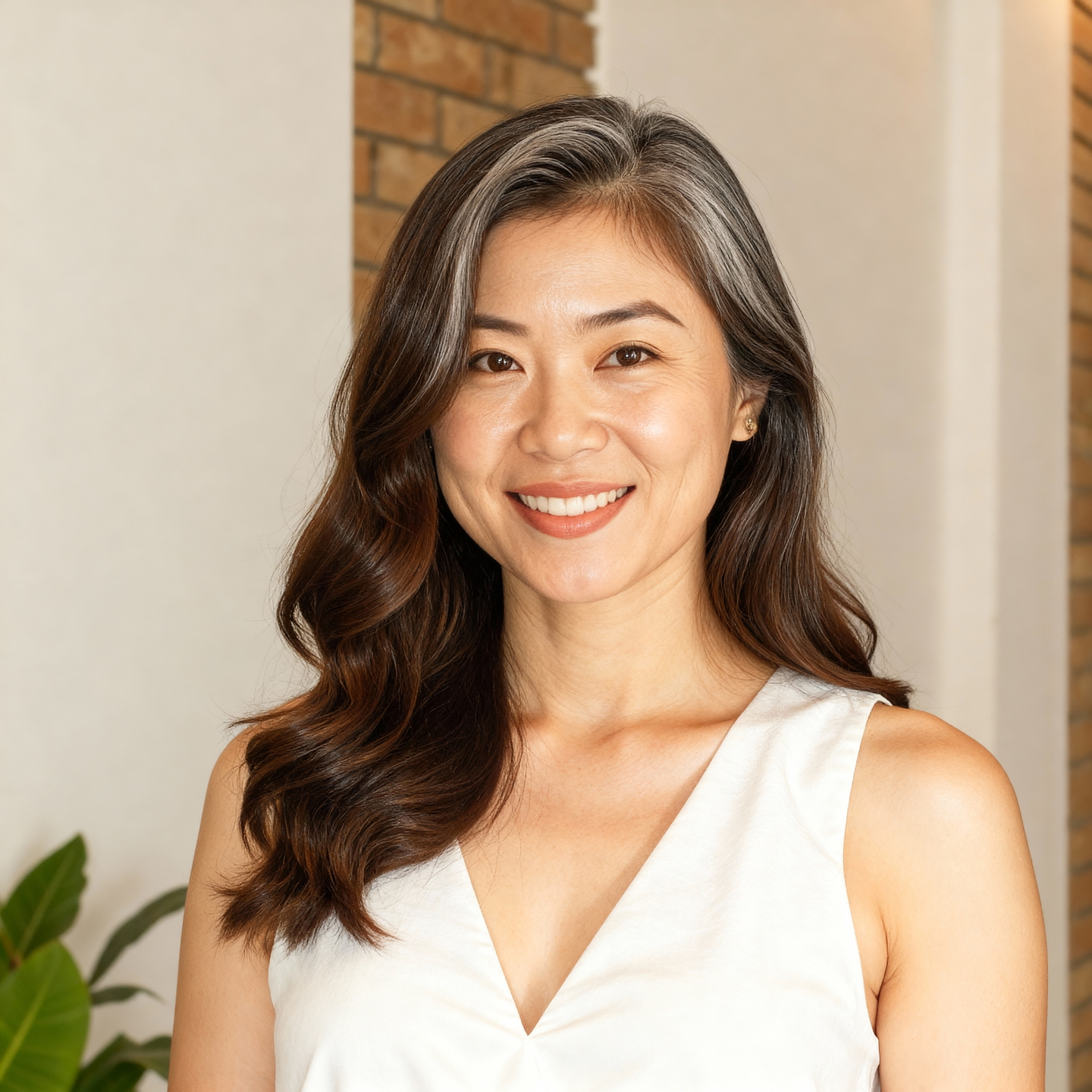The same woman in a white dress by a brick wall, aged by AI age progression with realistic skin and hair. The same woman in a white dress by a brick wall, aged by AI age progression with realistic skin and hair.