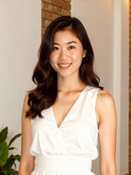 A woman in a white dress smiling by a brick wall — a sample portrait to try the AI weight loss simulator.