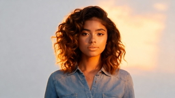 A woman with curly hair in a denim shirt against a sunset sky — a sample portrait for the AI weight shift demo.