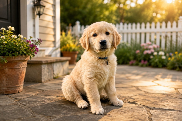 A golden retriever puppy sitting on a porch