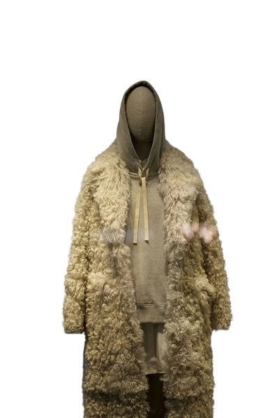 A cream shearling coat on a headless mannequin — background removed by GoStudio.ai (Free)