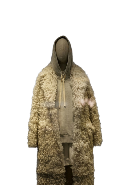 A cream shearling coat on a headless mannequin — background removed by Photoroom