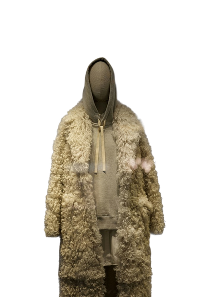 A cream shearling coat on a headless mannequin — background removed by Remove.bg