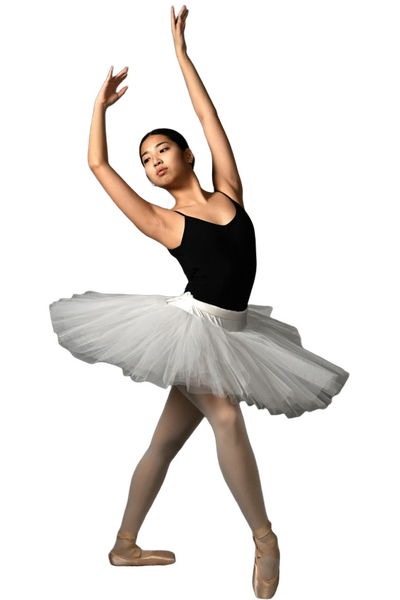 A ballerina in a white tutu, arms raised — background removed by iLoveIMG
