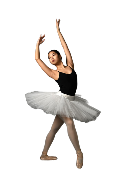 A ballerina in a white tutu, arms raised — background removed by Erase.bg