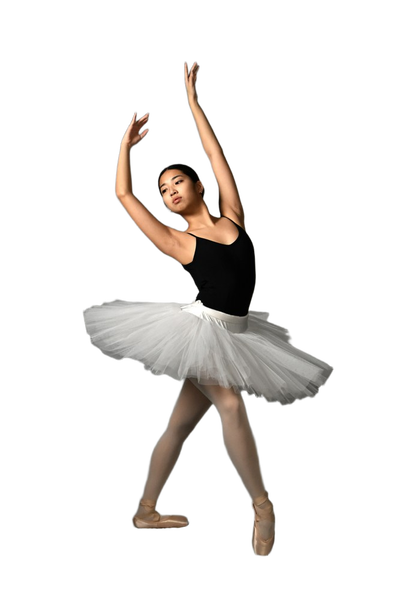 A ballerina in a white tutu, arms raised — background removed by Photoroom