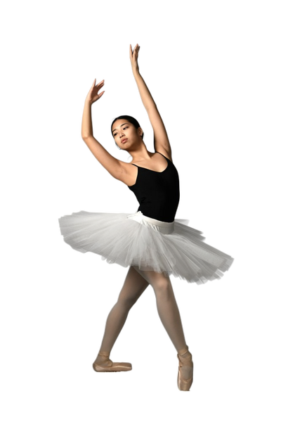 A ballerina in a white tutu, arms raised — background removed by Remove.bg
