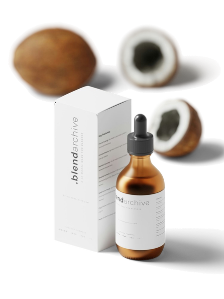 A serum bottle and its box beside a coconut — background removed by Remove.bg