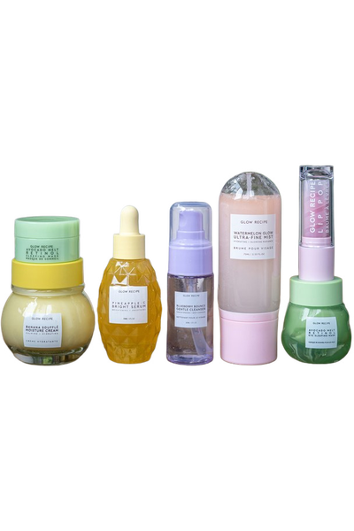 A shelf of pastel skincare bottles in front of houseplants — background removed by iLoveIMG