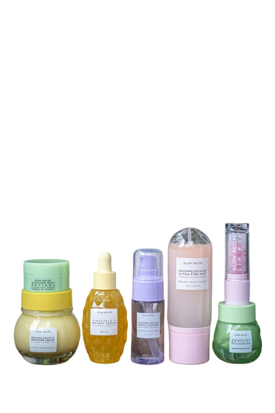 A shelf of pastel skincare bottles in front of houseplants — background removed by GoStudio.ai (Free)