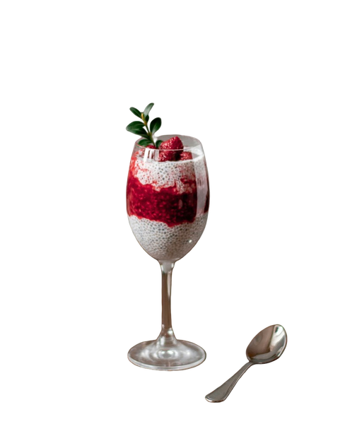 A berry parfait in a tall glass beside a spoon — background removed by GoStudio.ai (Free)