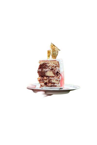 A hand holding a small cake on a plate — background removed by Erase.bg