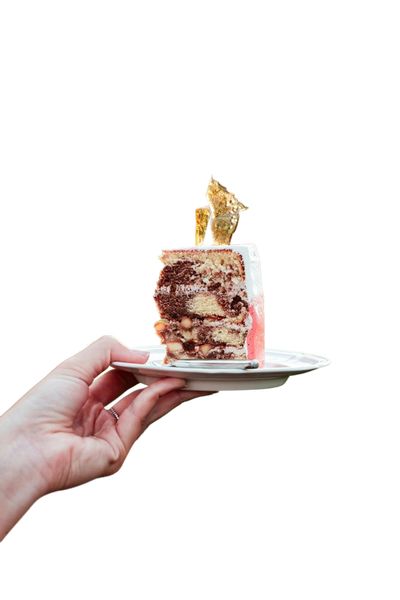 A hand holding a small cake on a plate — background removed by Remove.bg