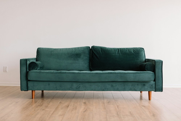 A green velvet sofa on a wooden floor