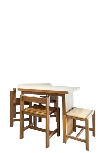 A wooden table with two nested stools — background removed by Remove.bg