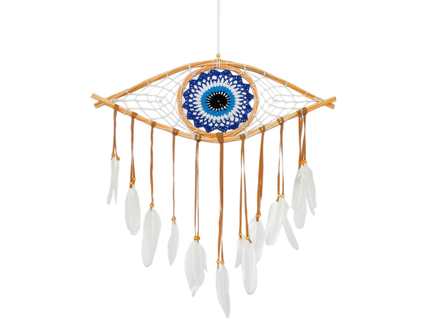 An evil eye wall hanging with feather tassels — background removed by iLoveIMG