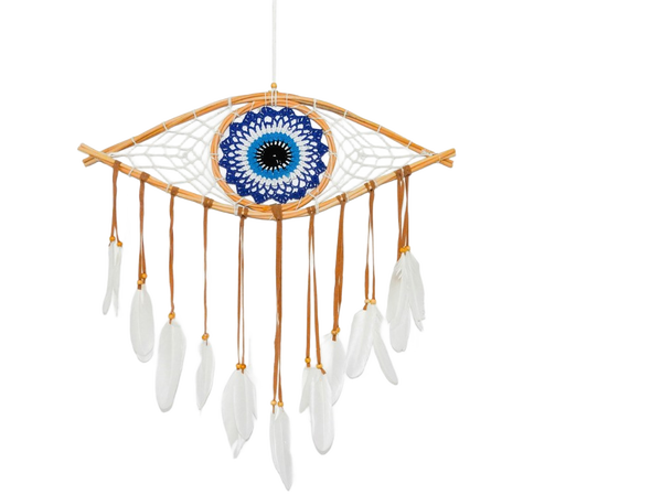 An evil eye wall hanging with feather tassels — background removed by Erase.bg