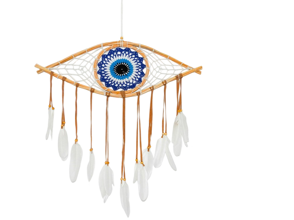 An evil eye wall hanging with feather tassels — background removed by GoStudio.ai (Free)