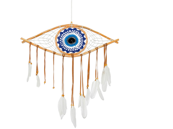 An evil eye wall hanging with feather tassels — background removed by Photoroom